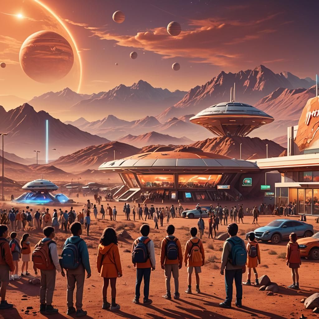 Mars, coffee shops, Marsbuck marquee, kids in school uniforms social gathering in front of the convenience stores , Mars scenery in the back...