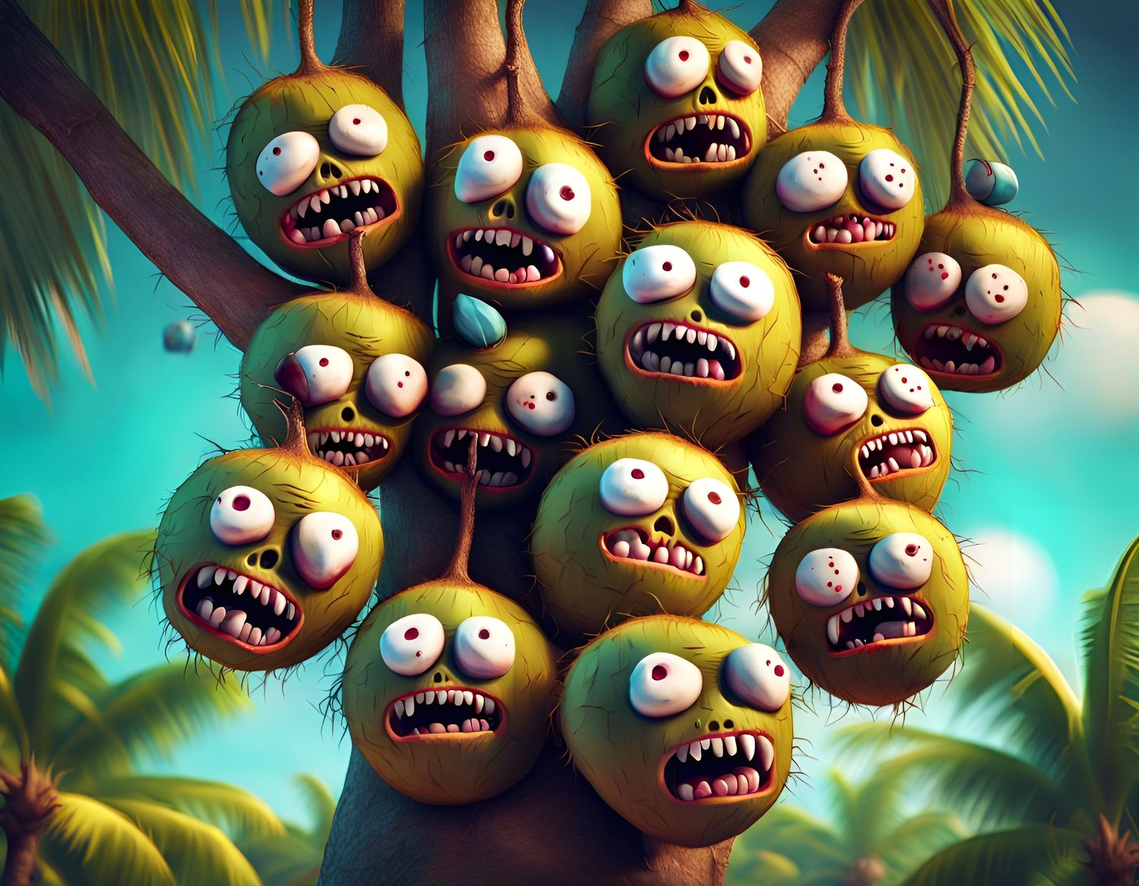 A tree full of coconut cute zombies hanging from the branche...