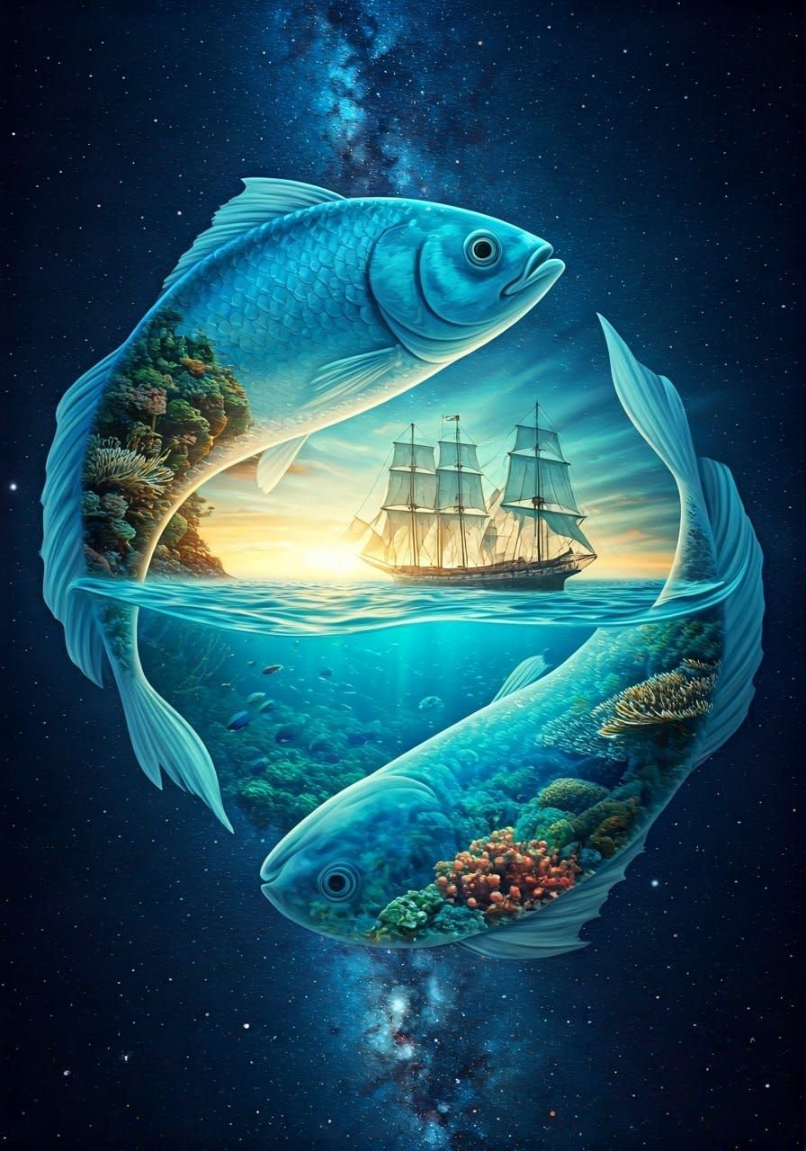 Cosmic Pisces Symbol in Dreamlike Surrealism