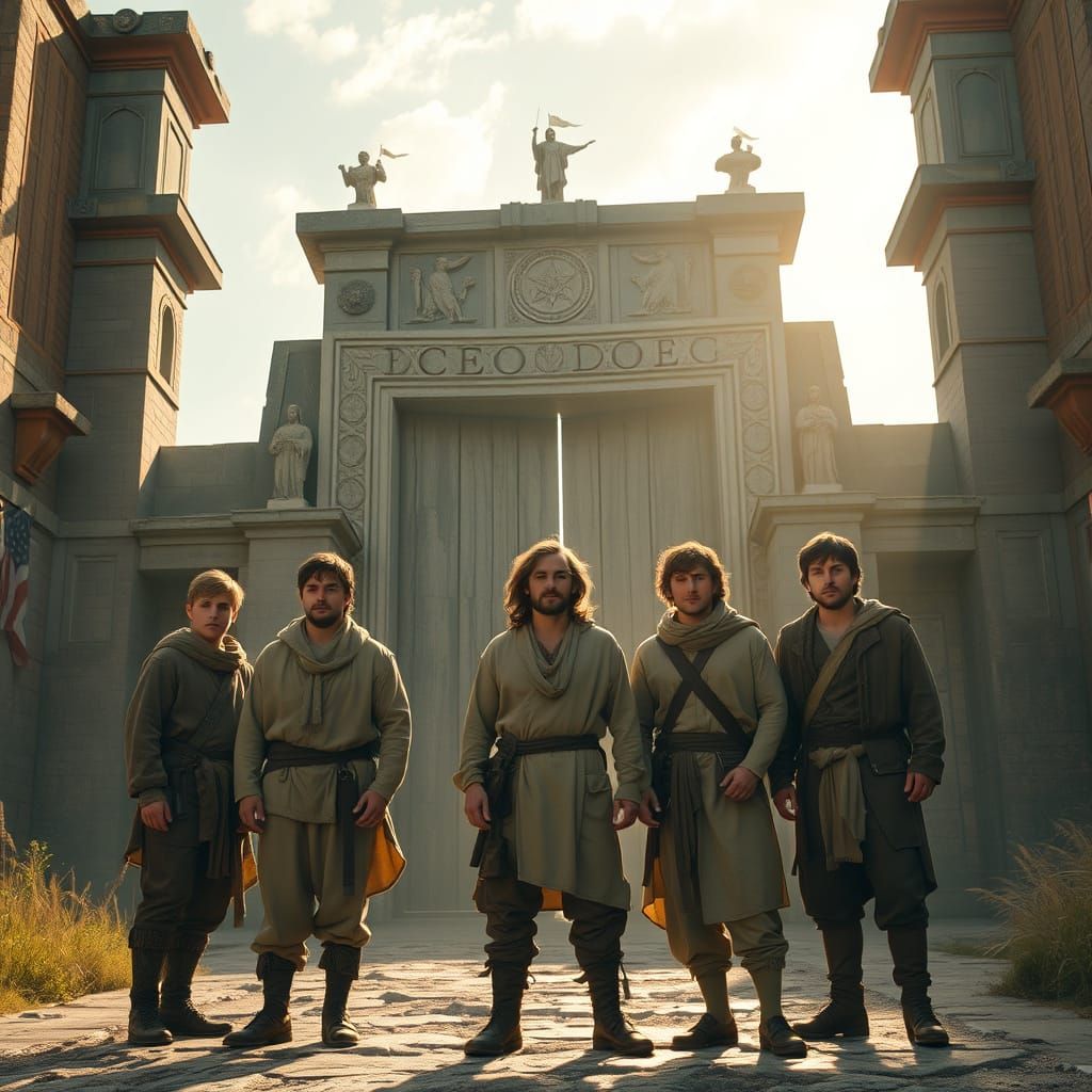 Young Men Stand United at Ancient Gate, Symbolizing Freedom ...