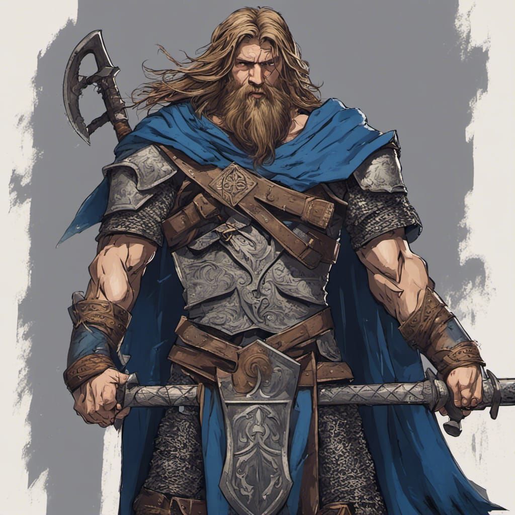 muscular warrior, beard that frames his face, he stands tall, long dark blond hair, mighty war axe in hand, wearing a black and blue tunic a...