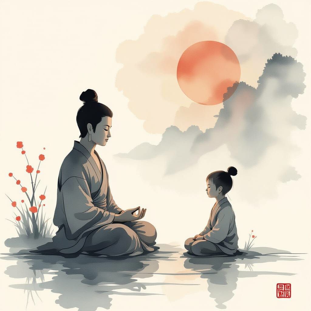 Minimalist Zen Buddhist Meditation in Sumi-e Style
This image depicts a small Buddha meditating with ...  by @Elviira 