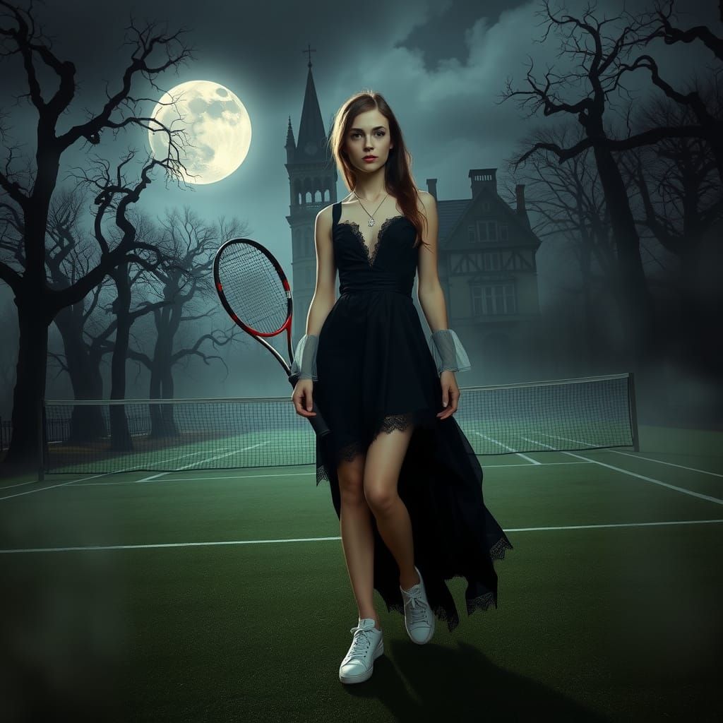 Gothic Tennis Player in Eerie Moonlight