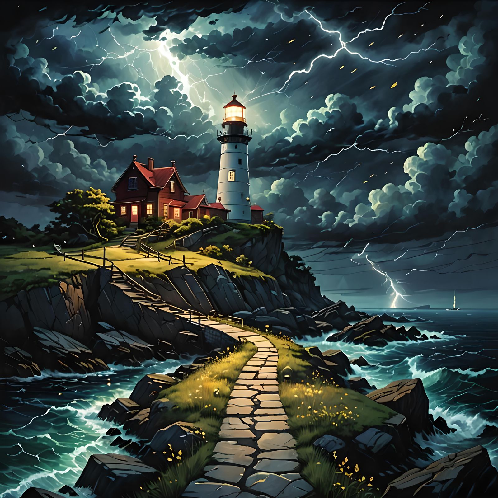 Light from lightning, from lighthouse and along the path to ...