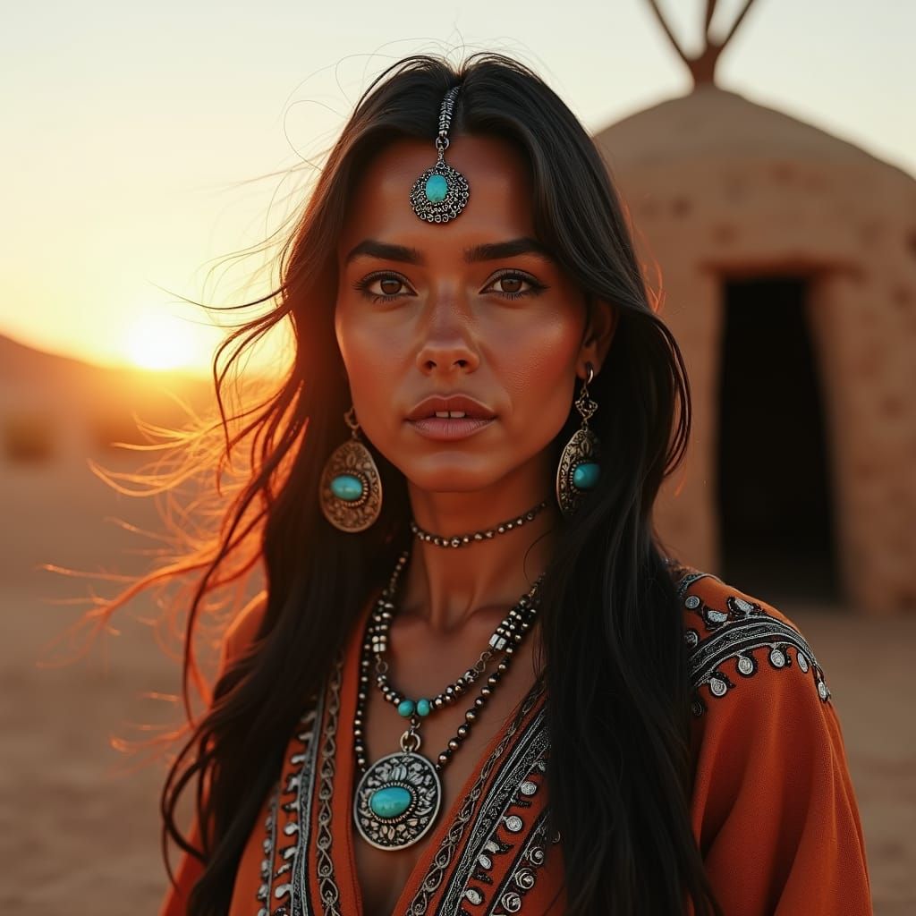 a photorealistic portrait of a Navajo young woman in Navajo hogan near