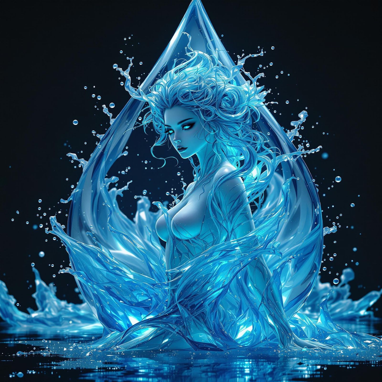 A highly detailed fantasy artwork of a female water elemental living in a huge water droplet — an elemental made entirel...