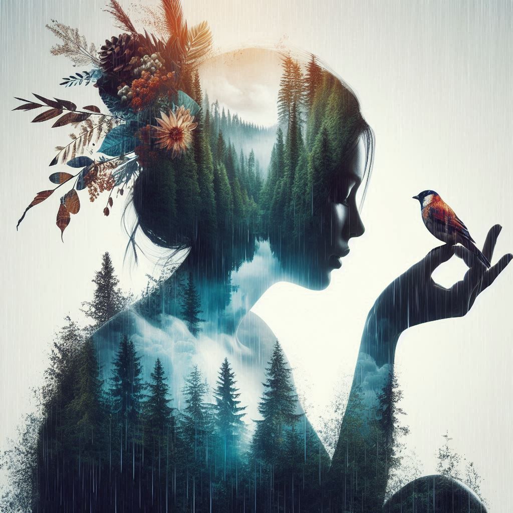 double exposure beautiful fantasy DALL-E 3 portrait landscape..