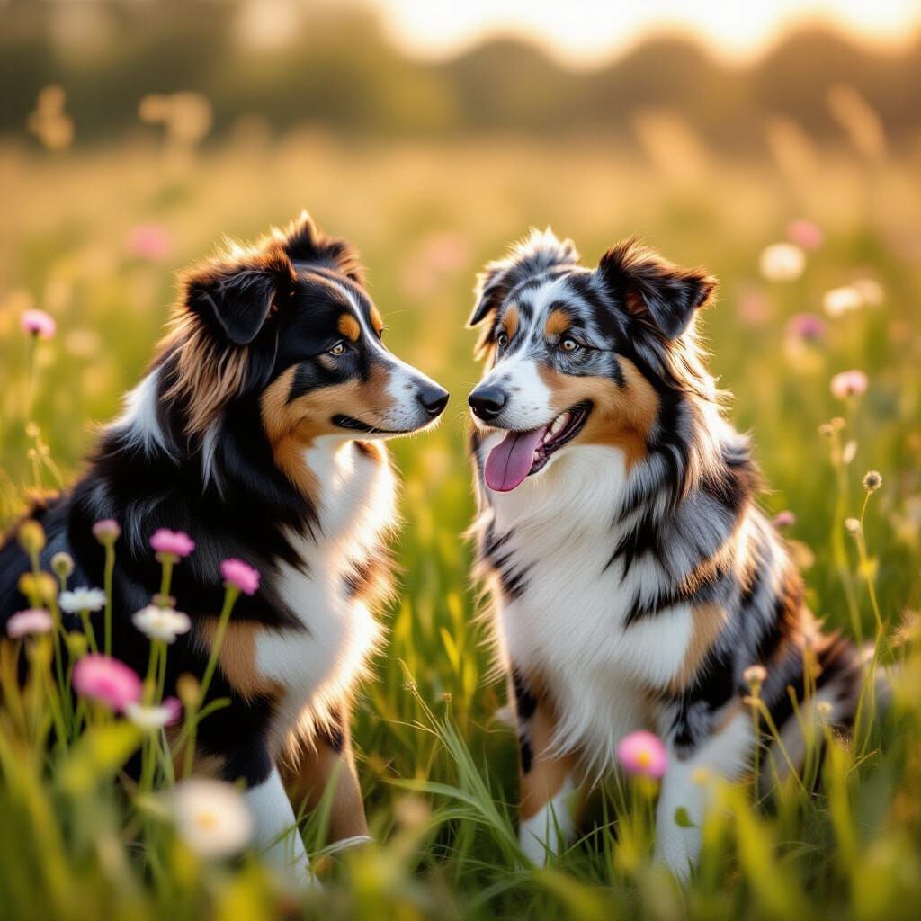 Dog Gazing at Phone in Flower Field