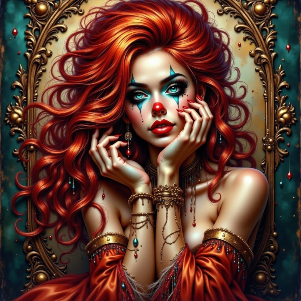 An illustration of an enchanting circus woman, characterized by long, fiery red hair and captivating blue eyes. She is seen touching her fac...