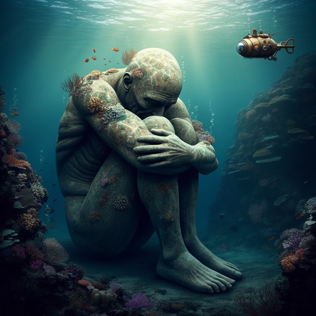 A colossal, hyper-detailed, anatomically correct submerged giant hugging his knees, crusted in barnacles,  covered in coral in the depths of...