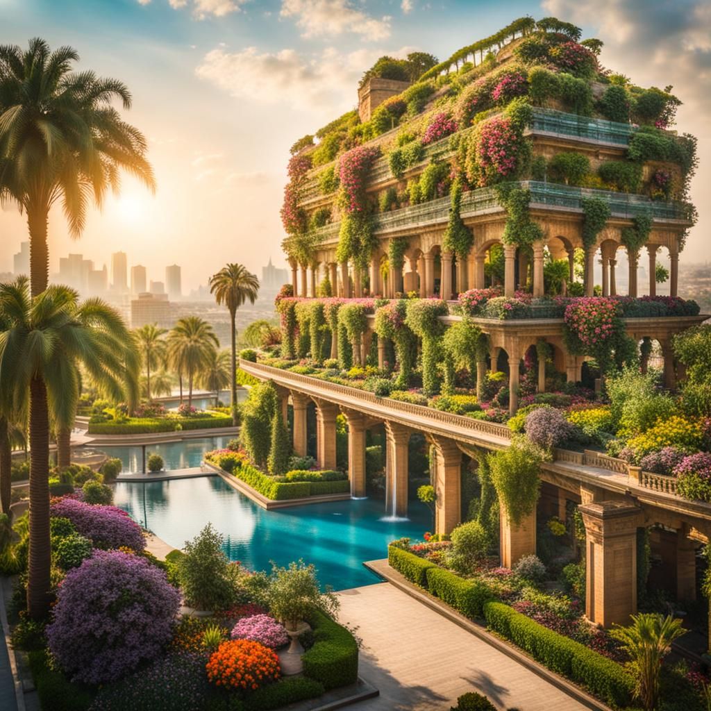 The hanging gardens of Babylon as a modern urban city scene, a lot of flowers an people   by @Andrachiel
