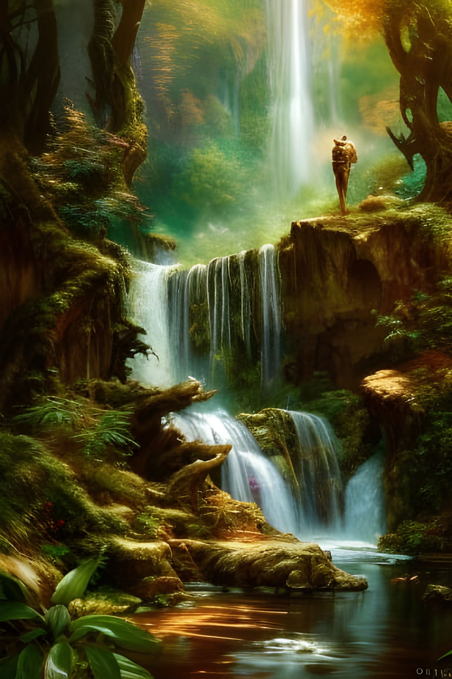 Epic Fantasy Forest Over Waterfalls: Detailed Oil Painting