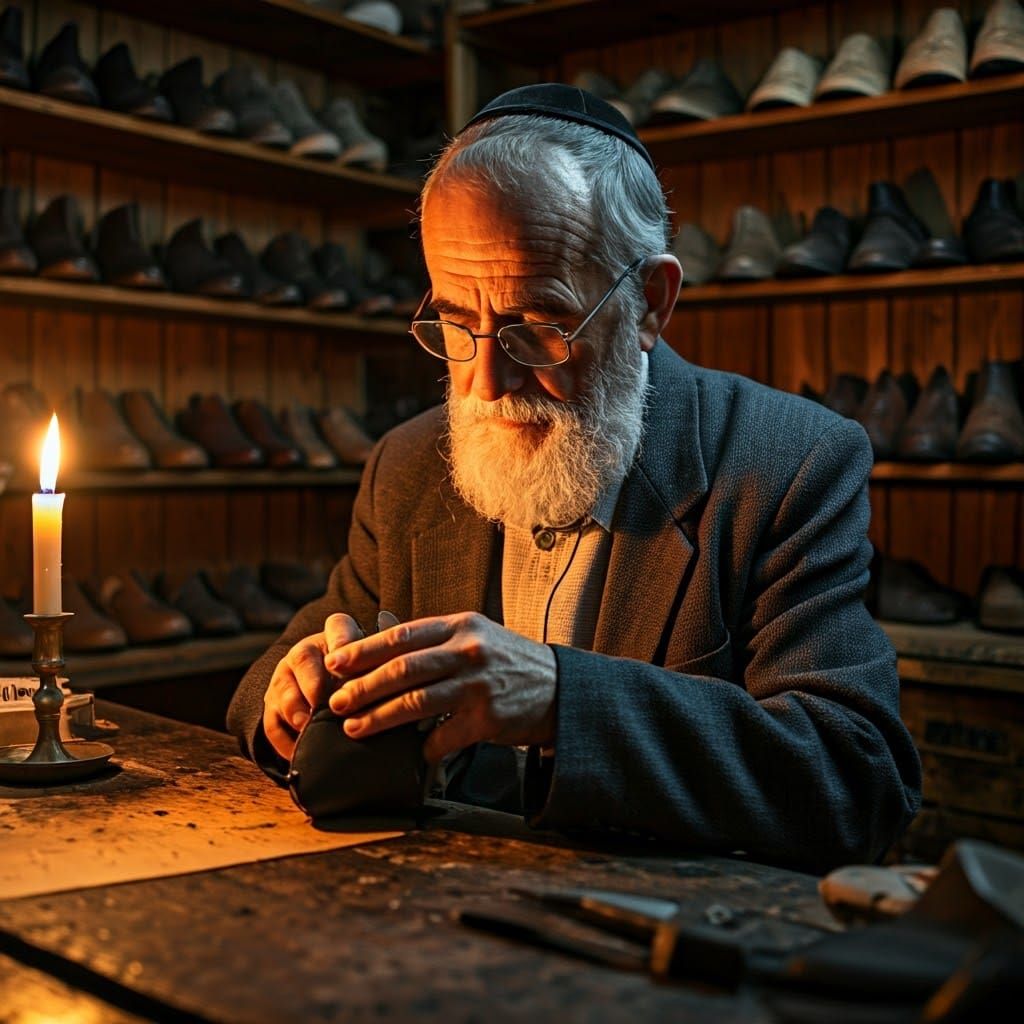Aged Hasidic Cobbler at Peace in the Warm Glow of a Flickeri...