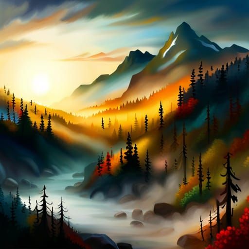 Foggy forest & mountain landscape / scenery, as fog gently r...