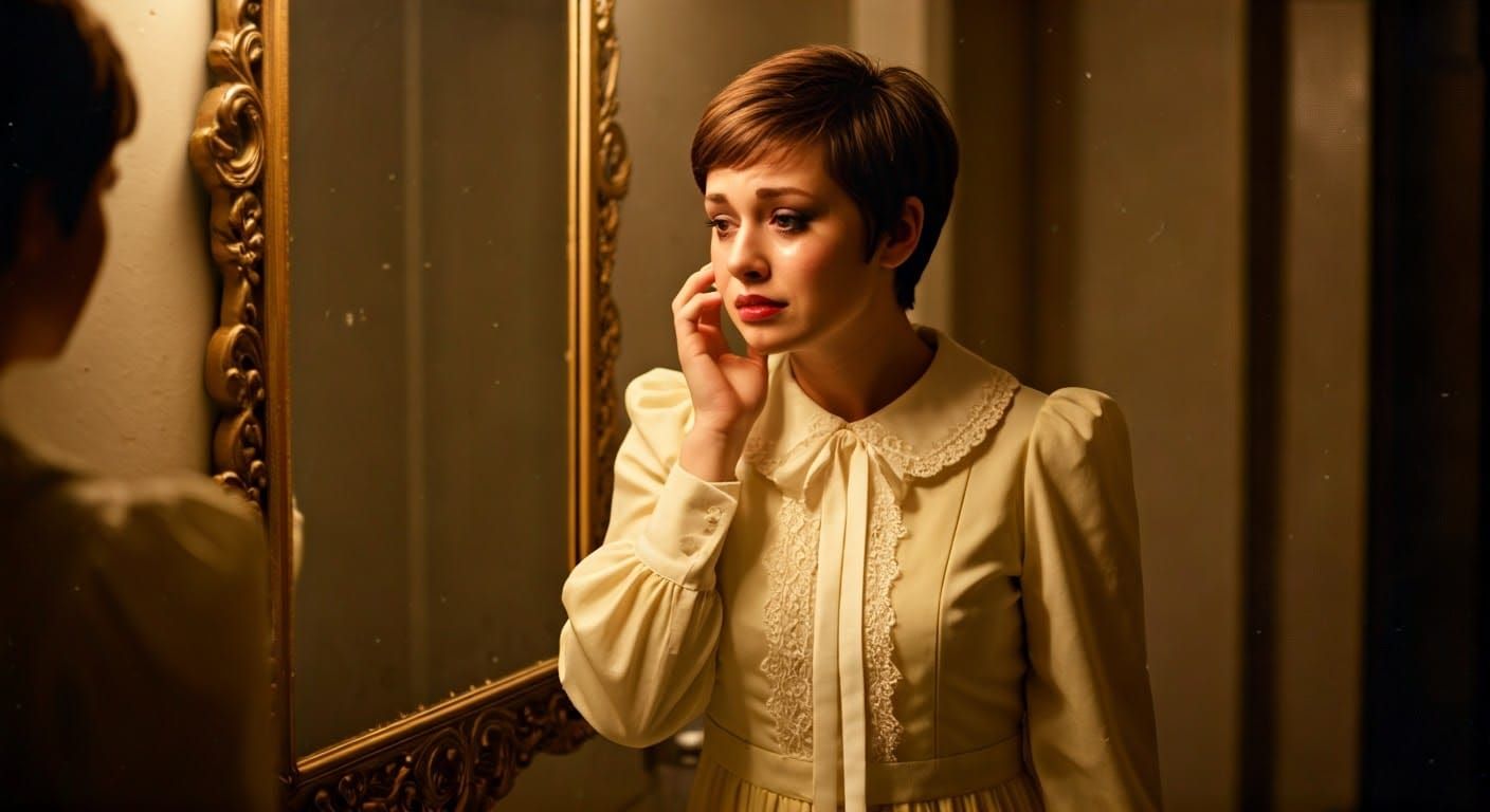 Lost Mod Girl Contemplates Life in a Faded Bathroom