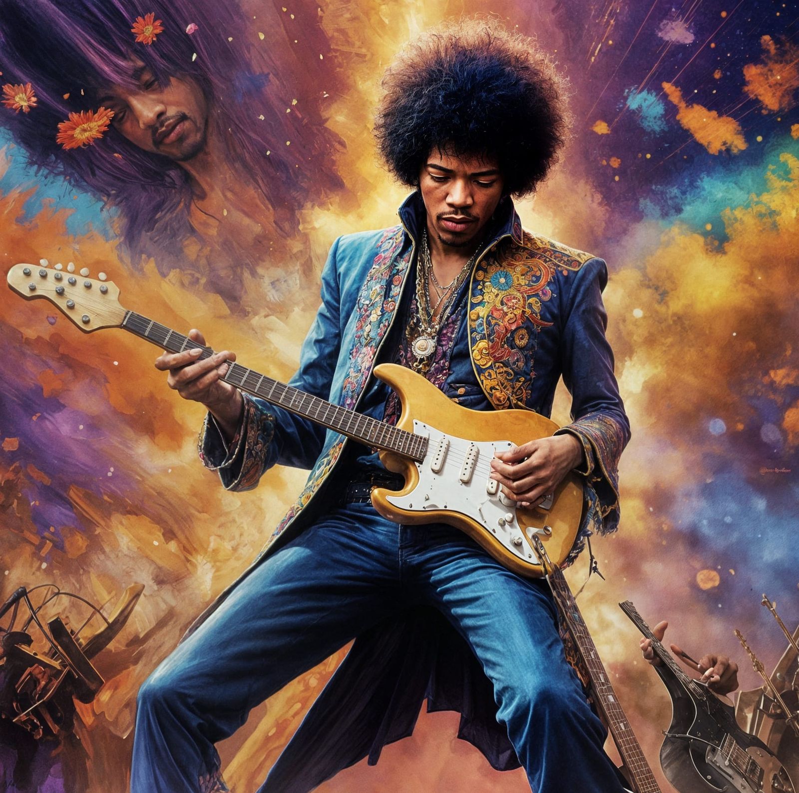 Jimi Hendrix performing on stage with vibrant colors around him.