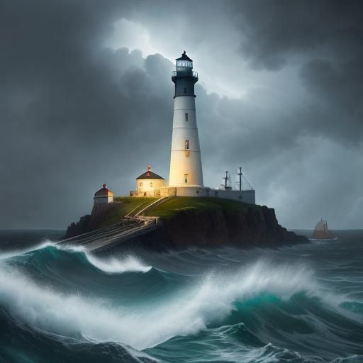 A lighthouse standing on an island, guiding,  nearby ships s...