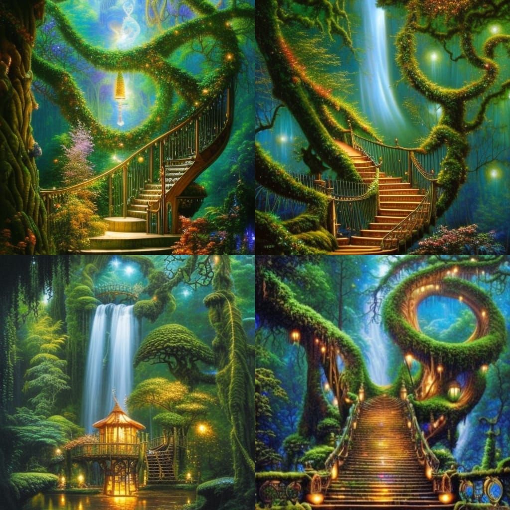a fantastical complex staircase leading to tree houses in an enchanted
