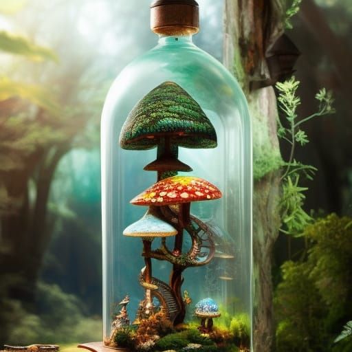 Fairy mushroom house in a bottle