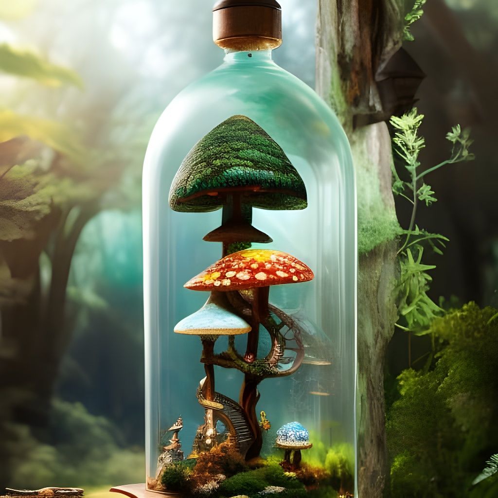 Fairy mushroom house in a bottle