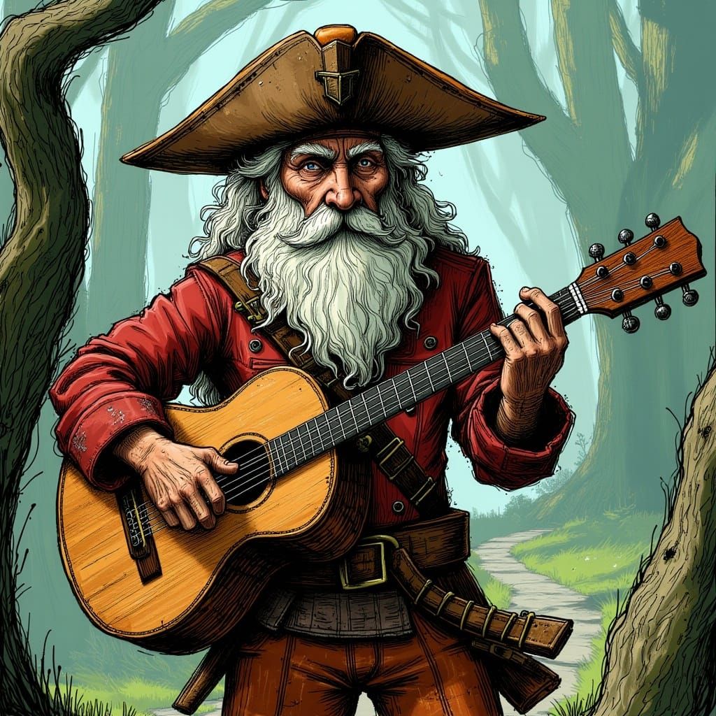 <lora:FolkDrawFlux:1.0> A wandering pirate wizard plays a whimsical tune with duende on his guitar in the style Sergio Aragones; hand drawn...