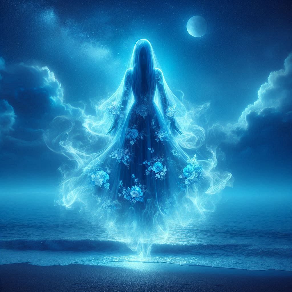 Blue ghost lady floating over the ocean.