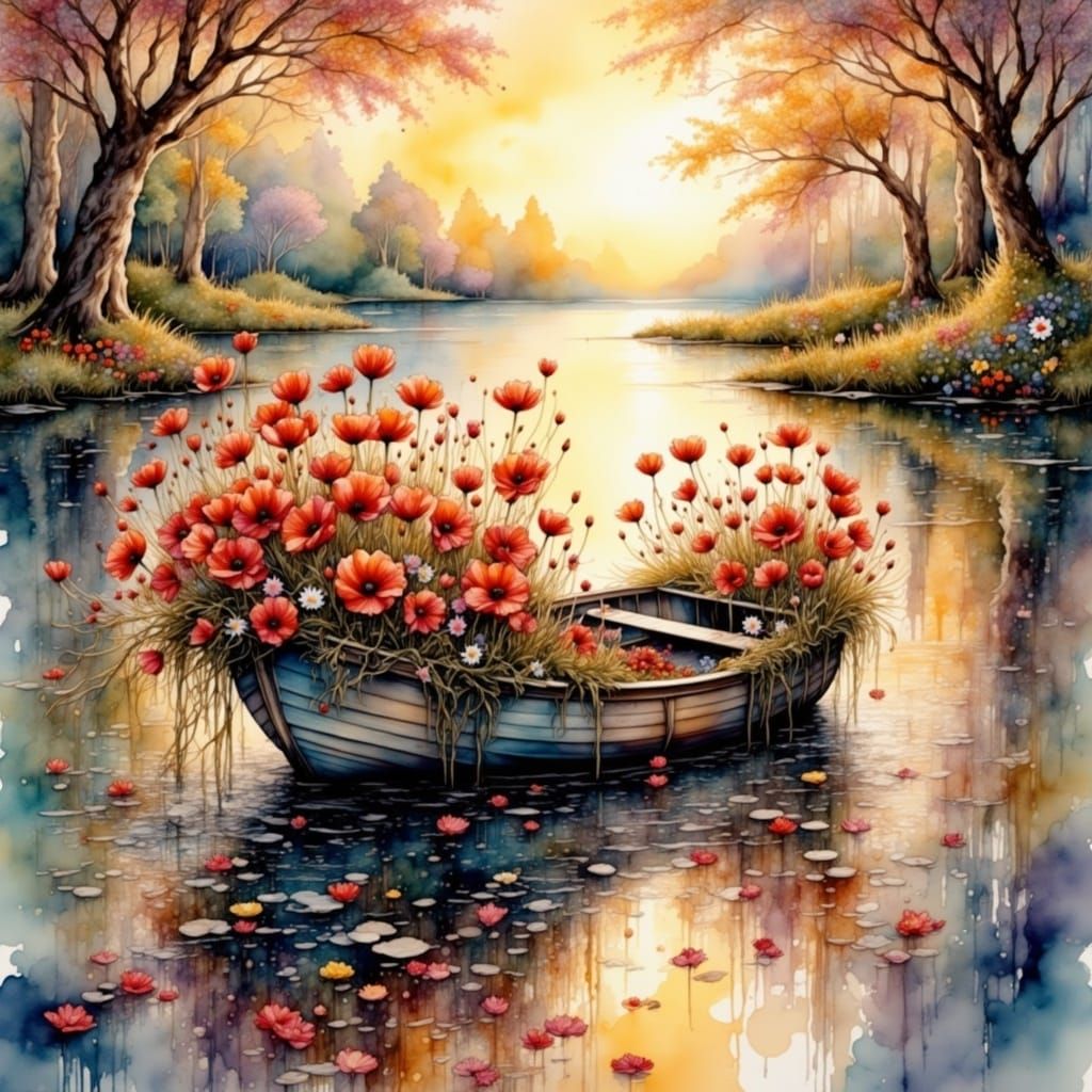 <lora:MrsH Watercolor:1.0> A vibrant, dreamlike lake, a rowing boat, laden wth red poppies and white dandelion wishes, blooming shimmers wit...