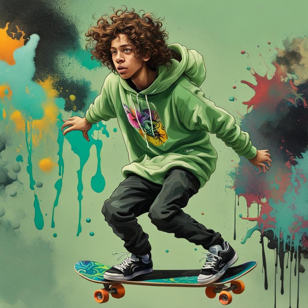 "A Latin teen with curly hair, wearing a light green hoodie, a unique black watch, on a skateboard spinning in the air"
...