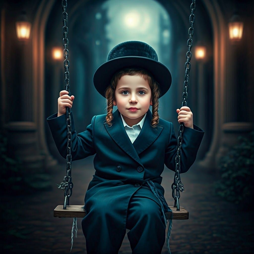 Dreamy Night Scene: Orthodox Boy on Swing in Hyperrealism