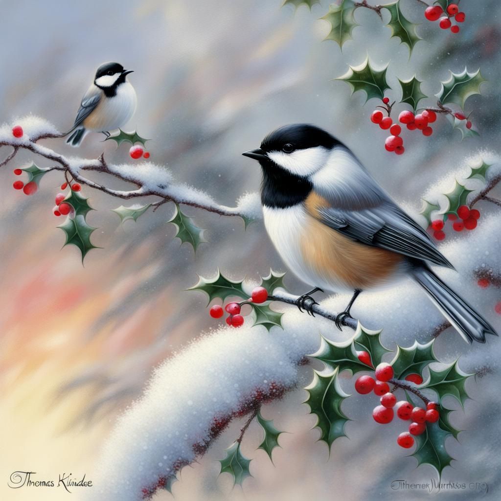 Chickadees in Thomas Kinkade Style  by @Chickadee