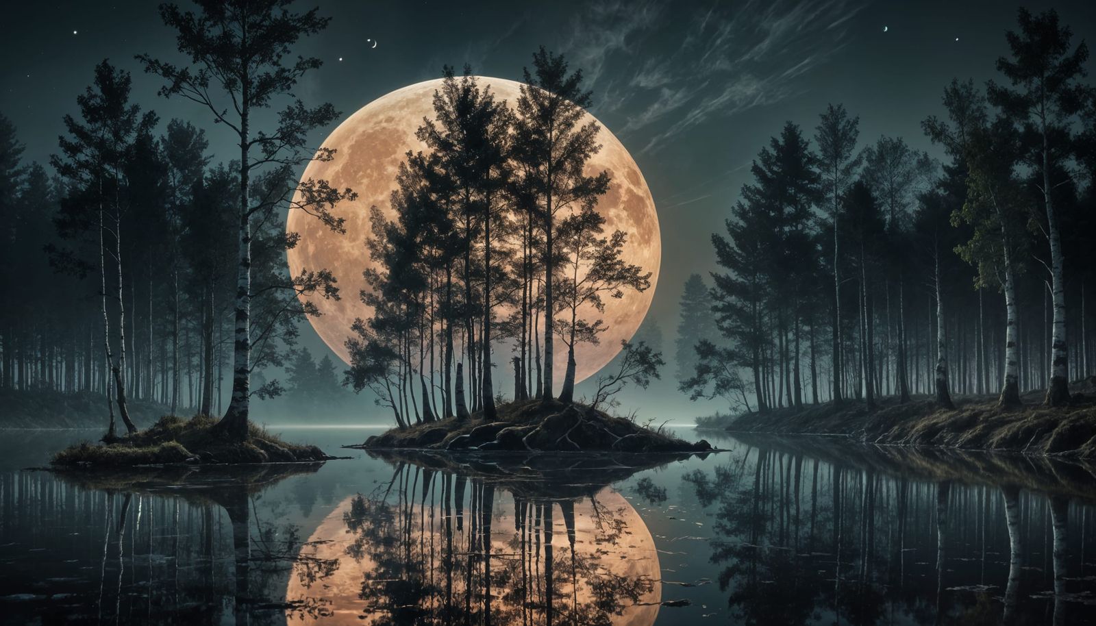 Red moon rises over the birch lake. (6 likes)  by @Joris