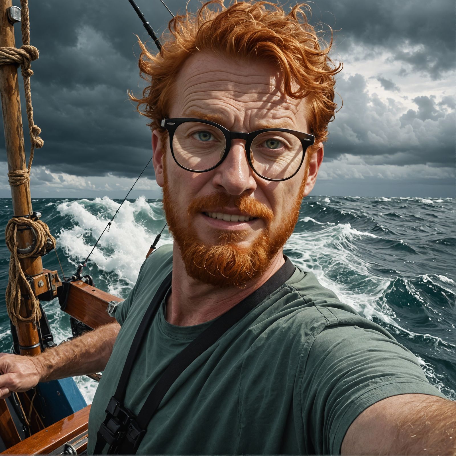 Selfie of Eric Fruit (middle-aged, ginger hair, spectacles) on a fishing boat in the middle of the ocean. Stormy weather...