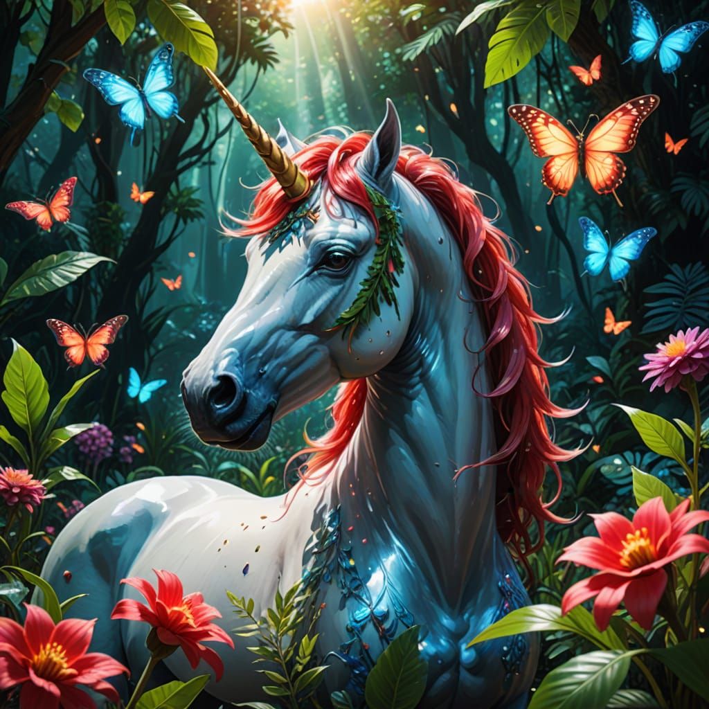 Majestic Unicorn in Lush Jungle with Glowing Butterflies