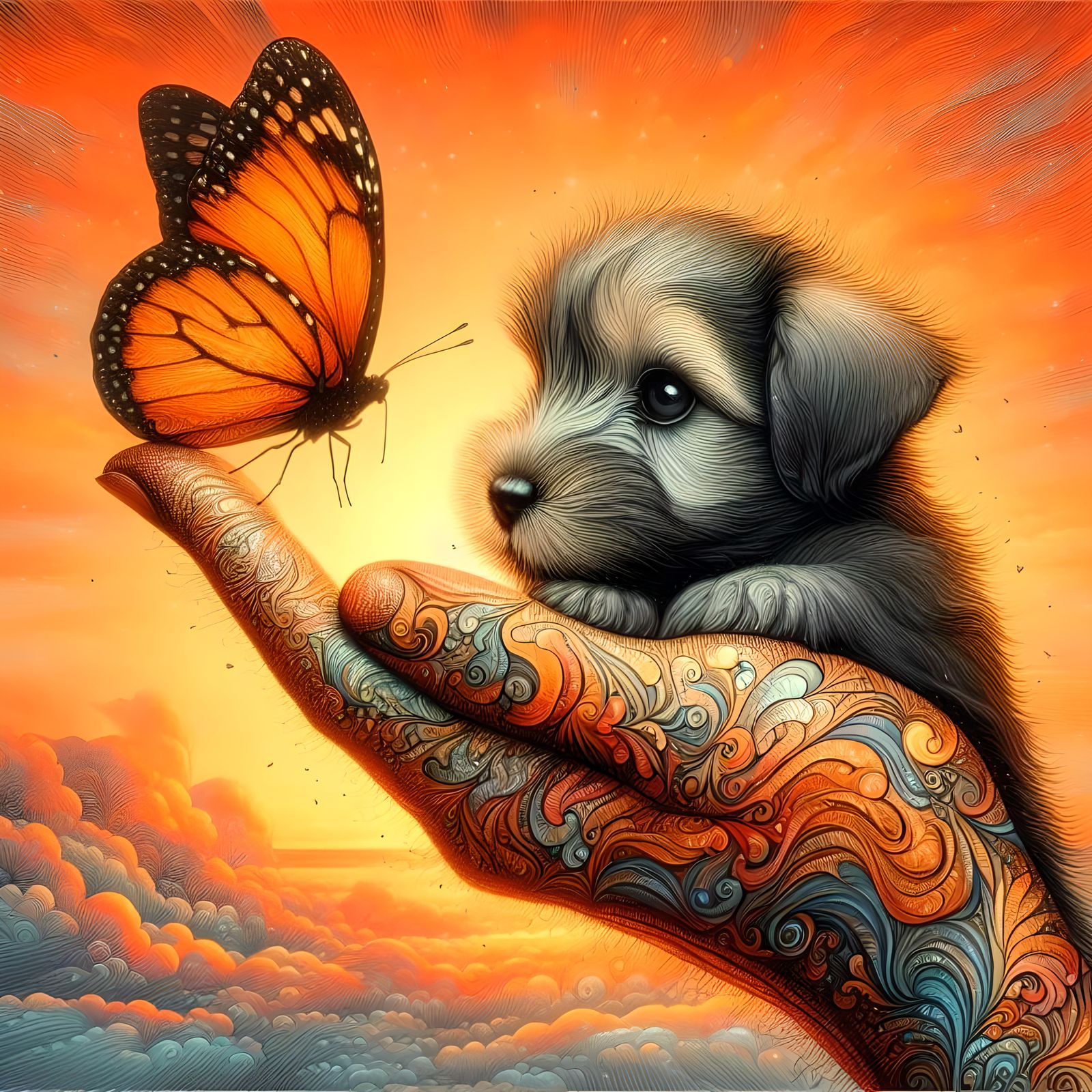 The curious pup and the butterfly