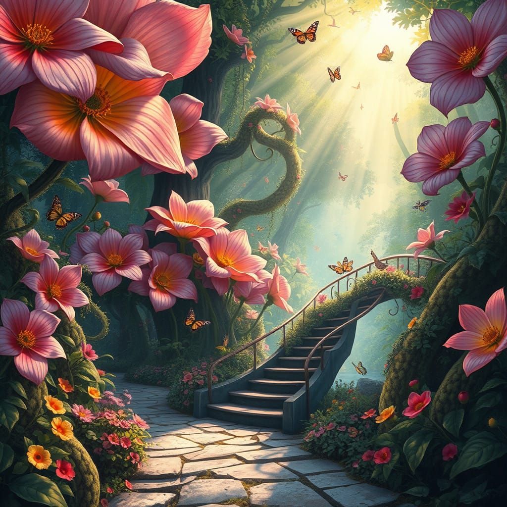 Vibrant oversized flowers towering above in vivid hues of pink purple and gold Enigmatic twisting vines ...  by @very old cat