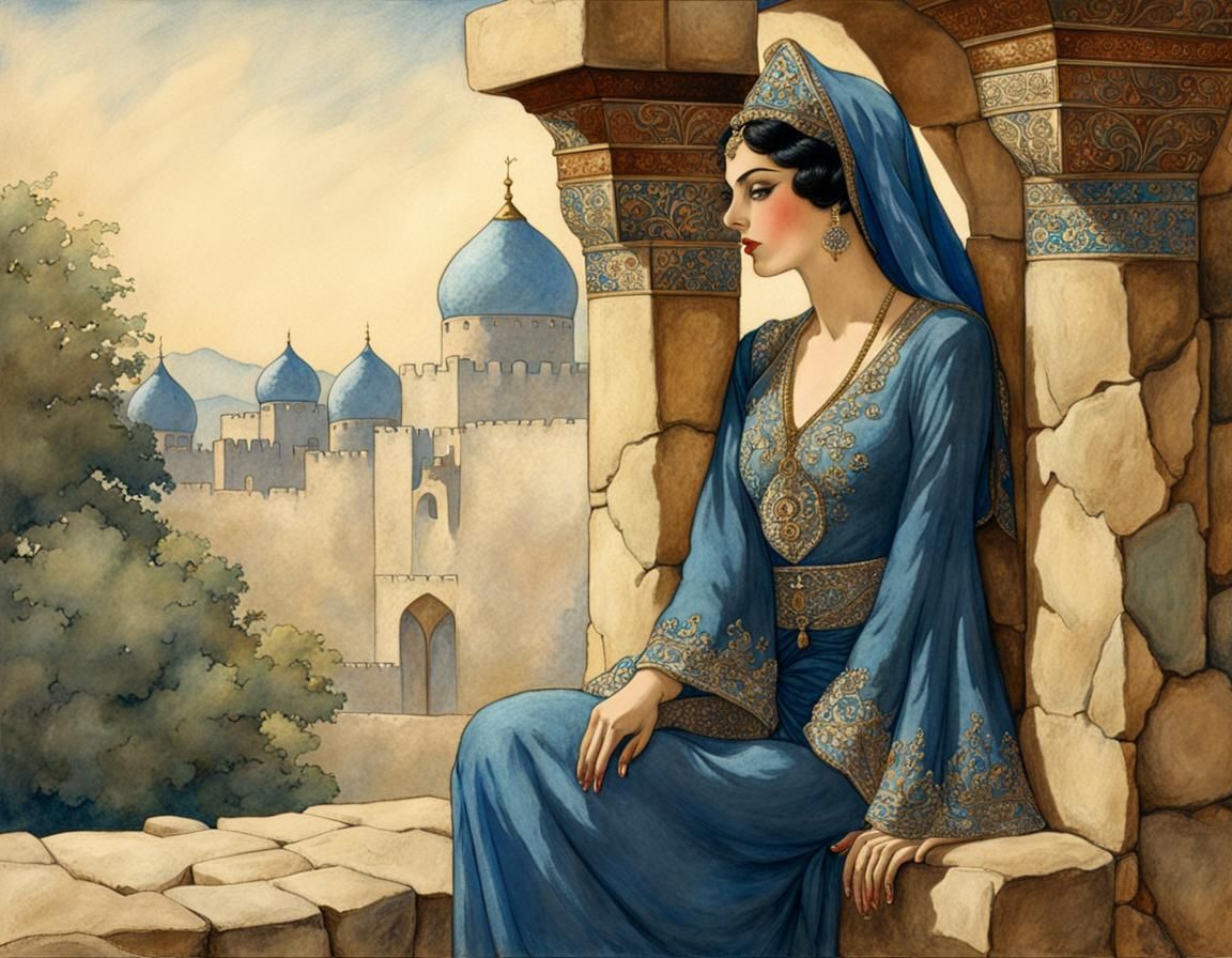 Arabian princess leaning against a stone wall #2