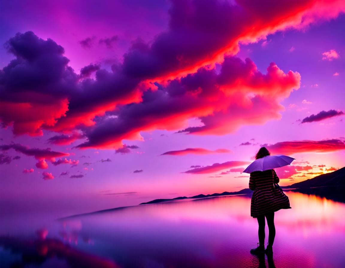 a woman standing in front of a lake at sunset with a Red  sk...