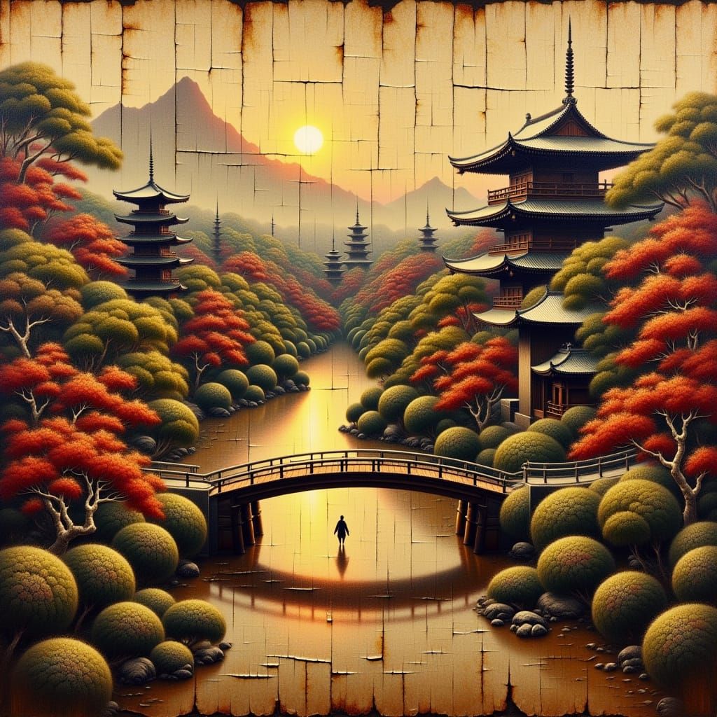 <lora:craquelur:1.0> cracks craquelure old japanese tapestry. panorama of ancient Kyoto. Oil on canvas with worn edges, the paint has peeled...