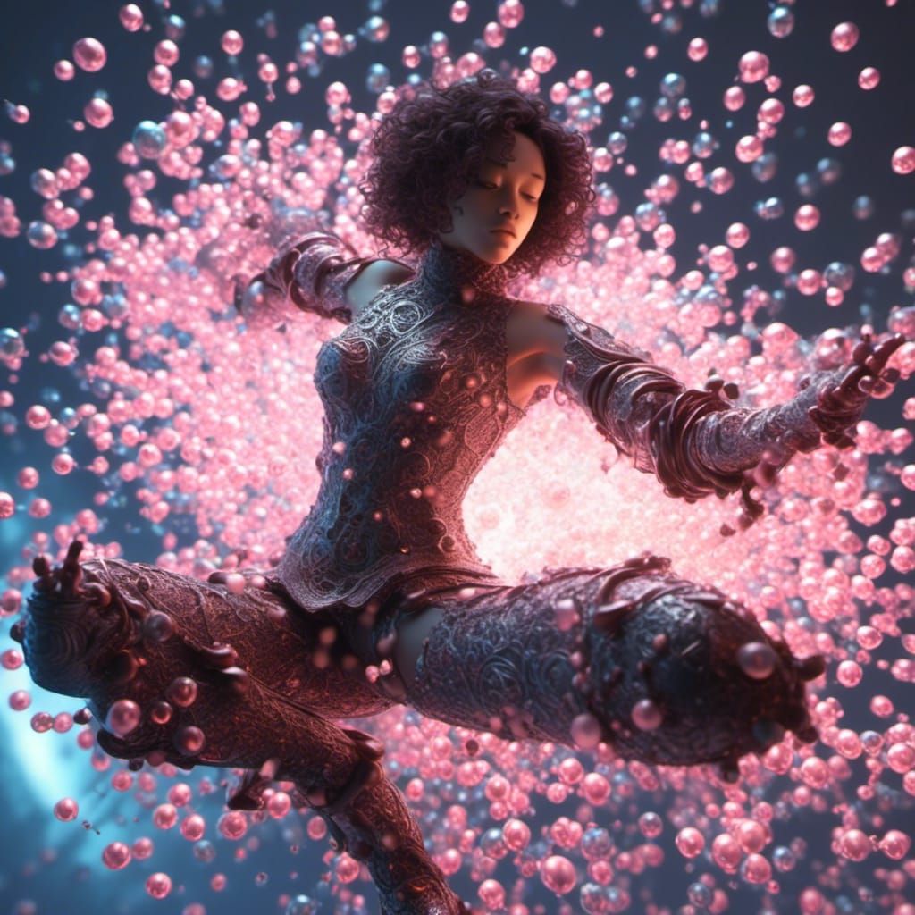 <lora:Spheres:1.0> a translucent full body view, female containing lotus, performing Kung Fu kick poses, in motion, extremely large bosom, s...