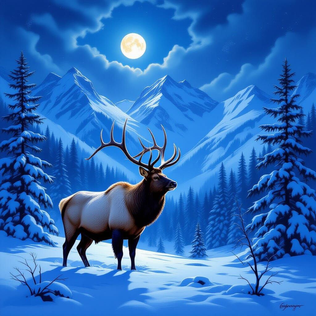 A great Elk in the woods on a horribly cold night with with the snow covered mountains terrain in the background.