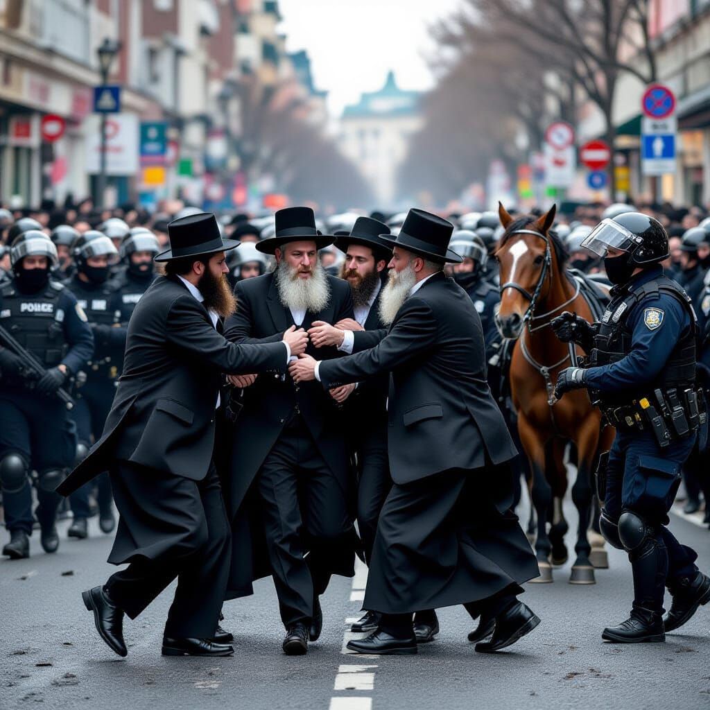 Ultra-Orthodox Protest Clash in Gritty Street Art Style