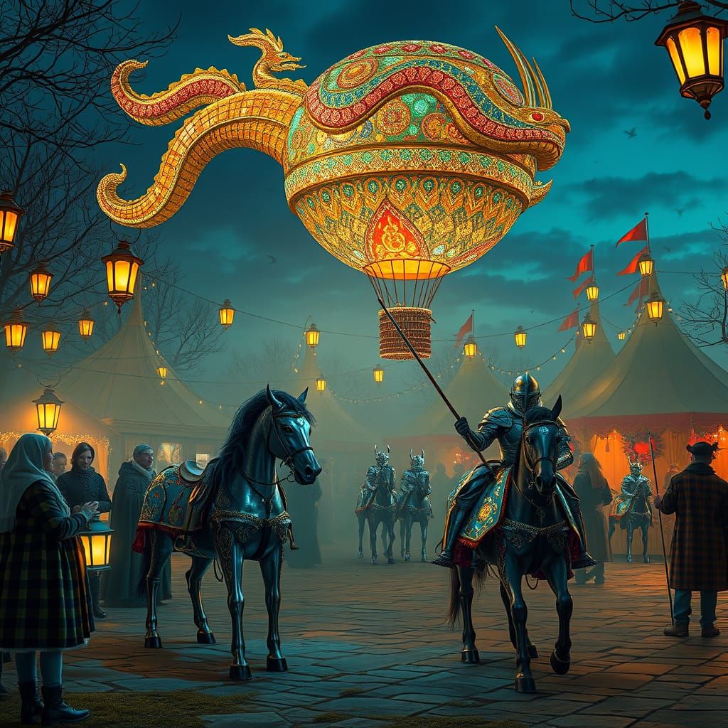 Whimsical Medieval Fairground at Dusk in Vibrant Dreamlike Q...