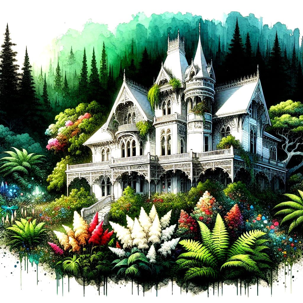 White fantasy fairy victorian mansion, beautiful green ferns...