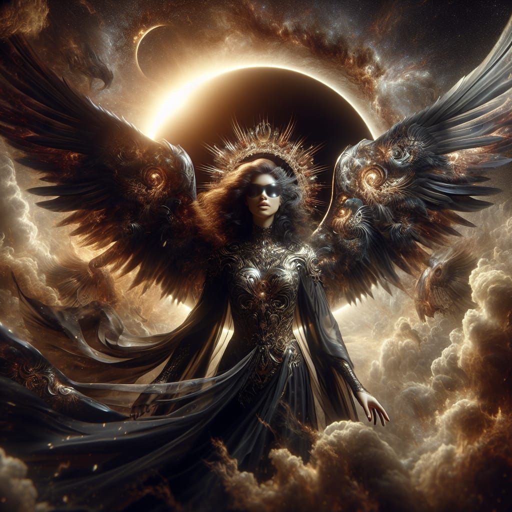 A beautiful but dark angel smites the earth during a solar e...