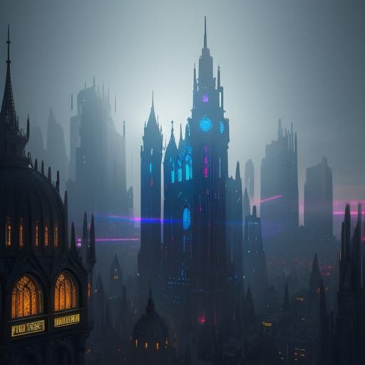 Old Gothic City Merges With Neon Futuristic Metropolis