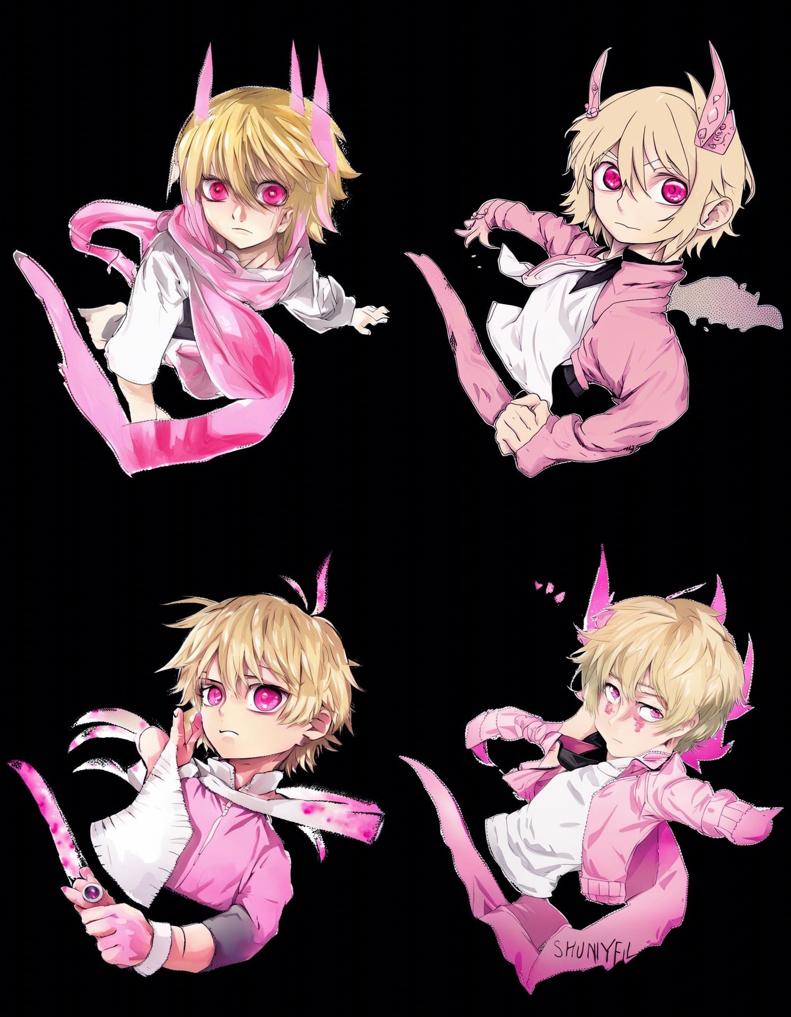 a young, short man with blond hair and pink eyes by ShunyFly...