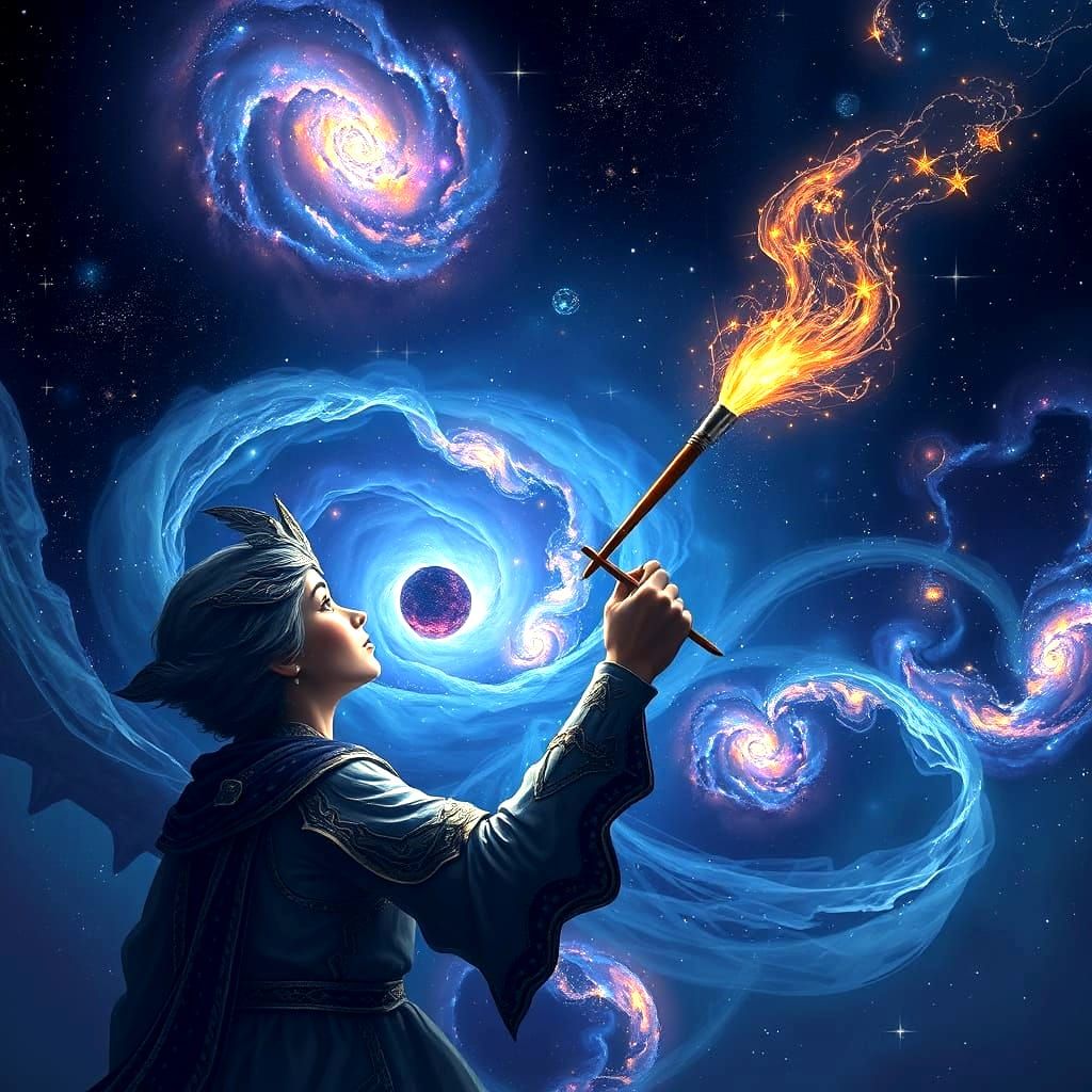 A celestial artist with a brush made of starlight paints a masterpiece across the night sky, creating swirling galaxies and vibrant nebulae....