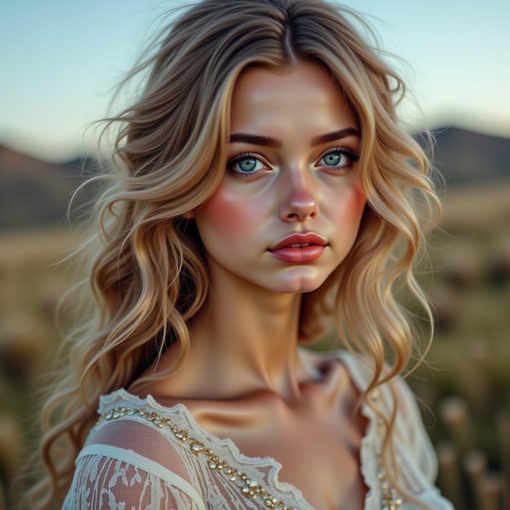A portrait of a beautiful woman without make-up in a epic <lora:Woman-portrait:1.0> pale skin, landscape, small lips, blue eyes
