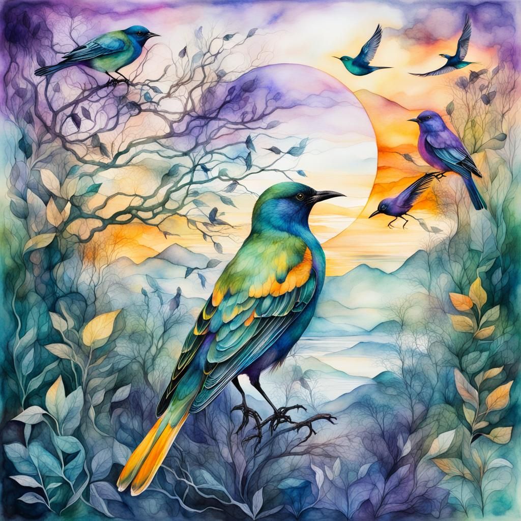 bird family watercolor - AI Generated Artwork - NightCafe Creator