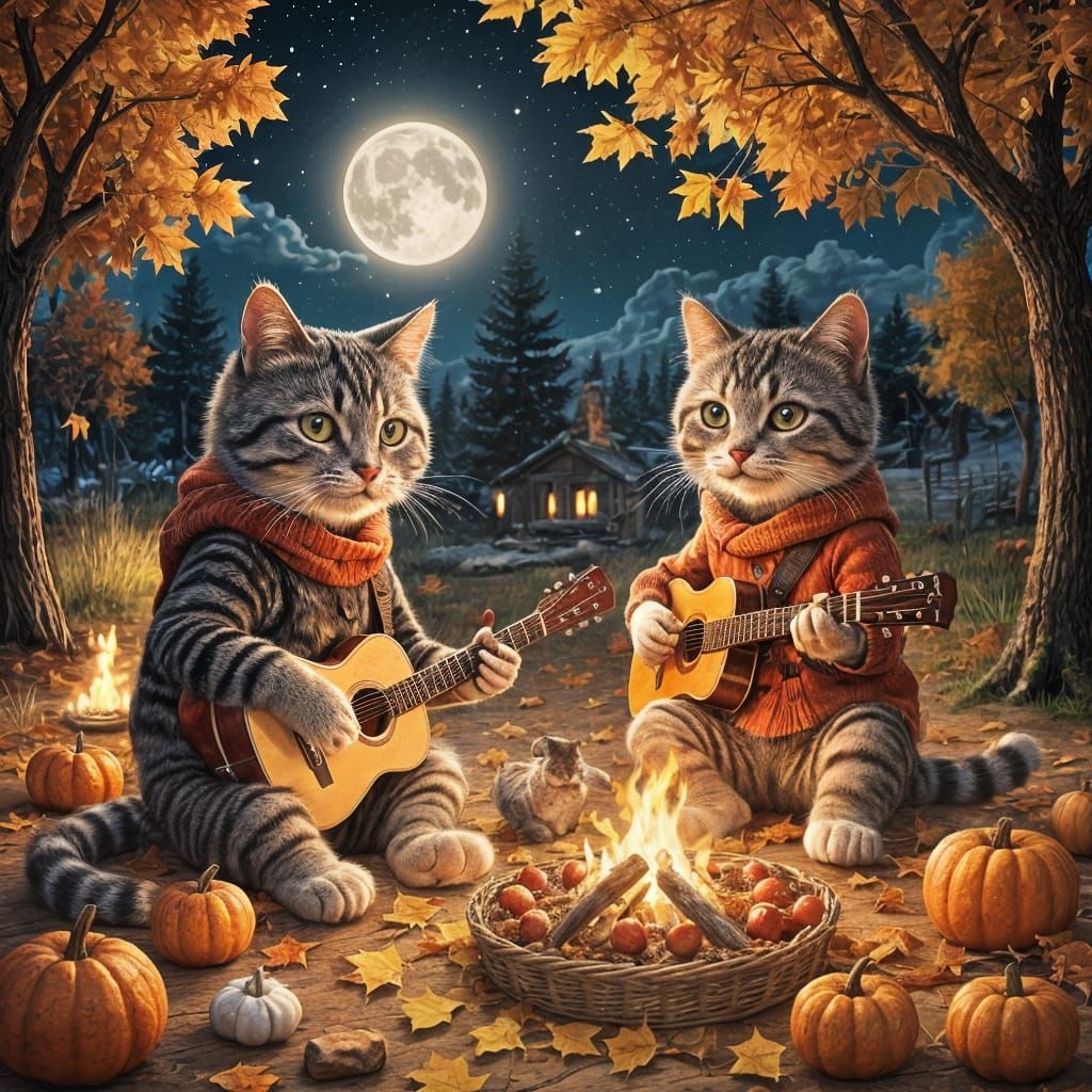 Anthropomorphic Cats' Cozy Autumn Night Picnic